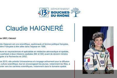 Diapositive projetée lors de la séance publique présentant le parcours de la spationaute Claudie Haigneré - Agrandir l'image 3 sur 4, fenêtre modale